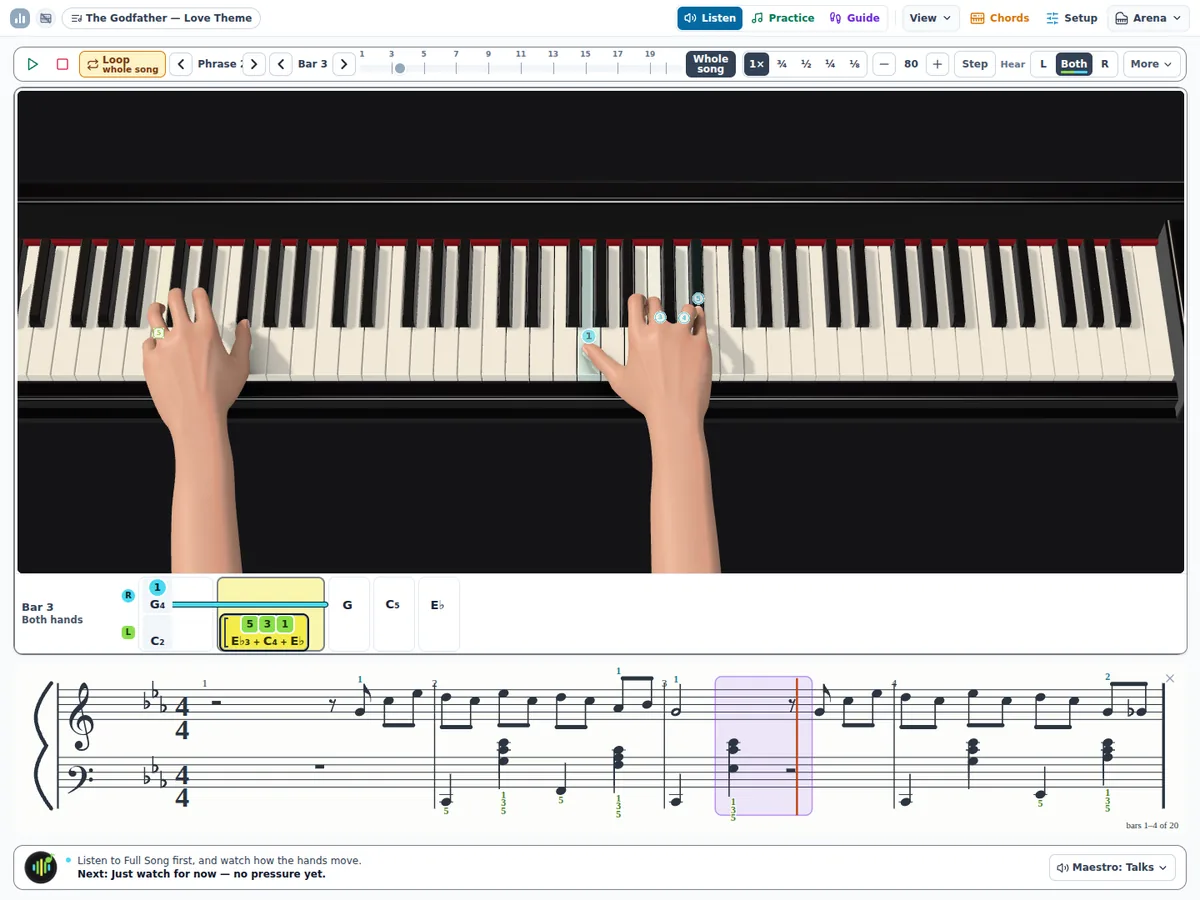 Two 3D hands on a grand piano's keys in the practice screen, the playing fingers numbered.
