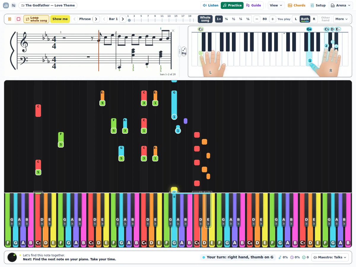 The practice screen in Wait mode: the score, both hands on the keys and the tutor's line naming the next note and finger.