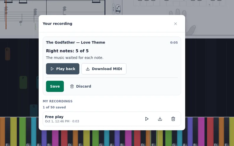 Your recording: the take set against the written notes, with play back and Download MIDI.