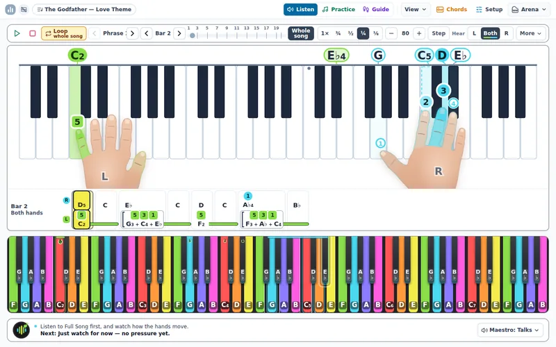The hands in slow motion at a quarter speed, the fingers pressing their keys.